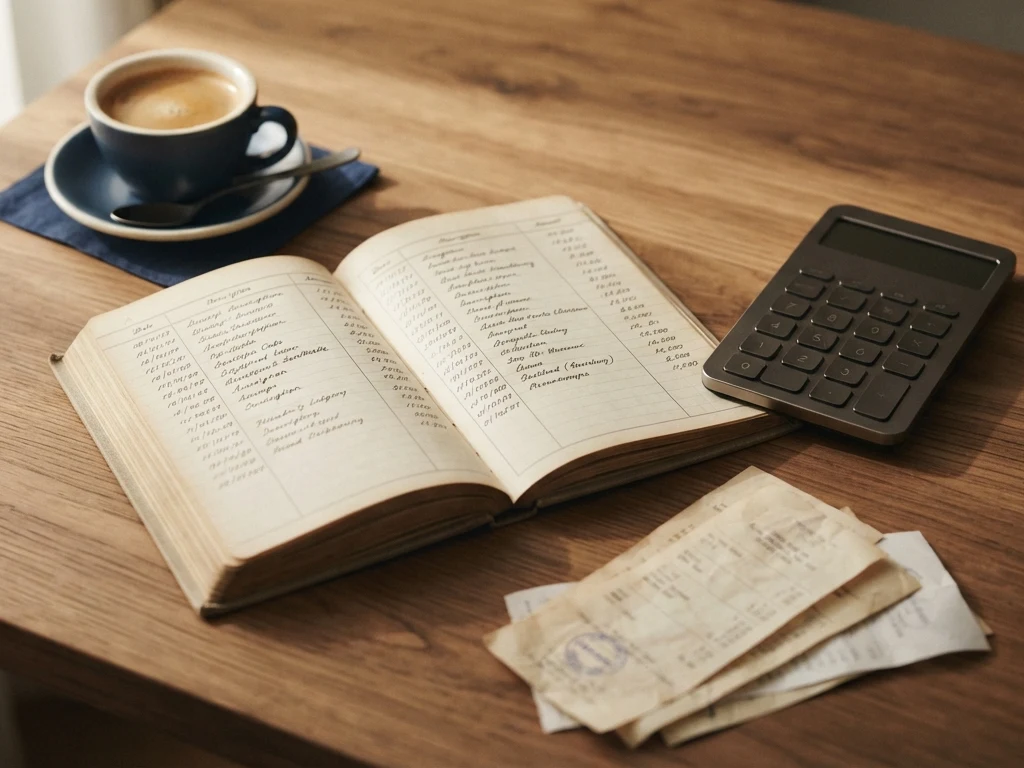 An open ledger, calculator, coffee, and receipts on a wood desk — the quiet, careful work behind Allies' compliance process.